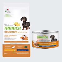 Natural Trainer 7 / 12 kg + Natural Trainer Sensitive konzerva 400 g zdarma - Sensitive No Gluten Adult Small s lososom  7 kg   + Sensitive No Gluten Small & Toy Adult 150 g bravčové