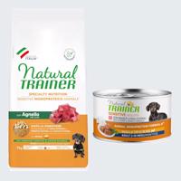 Natural Trainer 7 / 12 kg + Natural Trainer Sensitive konzerva 400 g zdarma - Sensitive No Gluten Adult Small s jahňacím mäsom 7 kg   + Sensitive No Gluten Small & Toy Adult 150 g bravčové