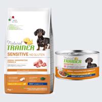 Natural Trainer 7 / 12 kg + Natural Trainer Sensitive konzerva 400 g zdarma -  Sensitive No Gluten Small & Toy bravčové  7 kg + Sensitive No Gluten Small & Toy Adult 150 g bravčové