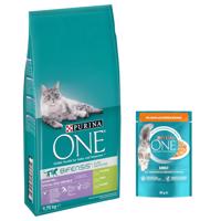 PURINA ONE granuly, 9,75 kg + Purina ONE kapsičky 13 x 85 g zdarma - Sensitive  9,75 kg + Adult s kuracím mäsom a zelenými fazuľkami (13 x 85 g)