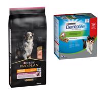 PURINA PRO PLAN granule + Dentalife snacky zdarma - Medium & Large Adult 7+ Sensitive Skin 14 kg + Snacky pre starostlivosť o zuby pre stredne veľkých psov 24 tyčiniek (8 x 69 g) (12-25 kg)