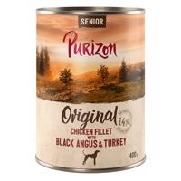 Výhodné balenie Purizon Adult 12 x 400 g - Senior: kuracie filety s hovädzím Black-Angus