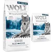 Wolf of Wilderness granule, 13 kg - 12 + 1 kg zdarma!  - Senior "Blue River" - kuracie z voľného chovu a losos