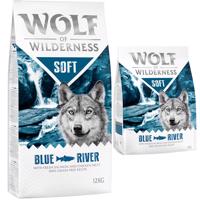 Wolf of Wilderness granule, 13 kg - 12 + 1 kg zdarma!  - "Soft - Blue River" - losos